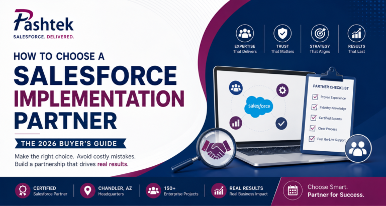Pashtek Salesforce implementation partner guide banner showing enterprise CRM consulting, partner evaluation checklist, and 2026 buyer's guide.