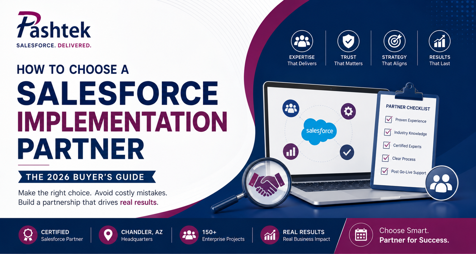 Pashtek Salesforce implementation partner guide banner showing enterprise CRM consulting, partner evaluation checklist, and 2026 buyer's guide.